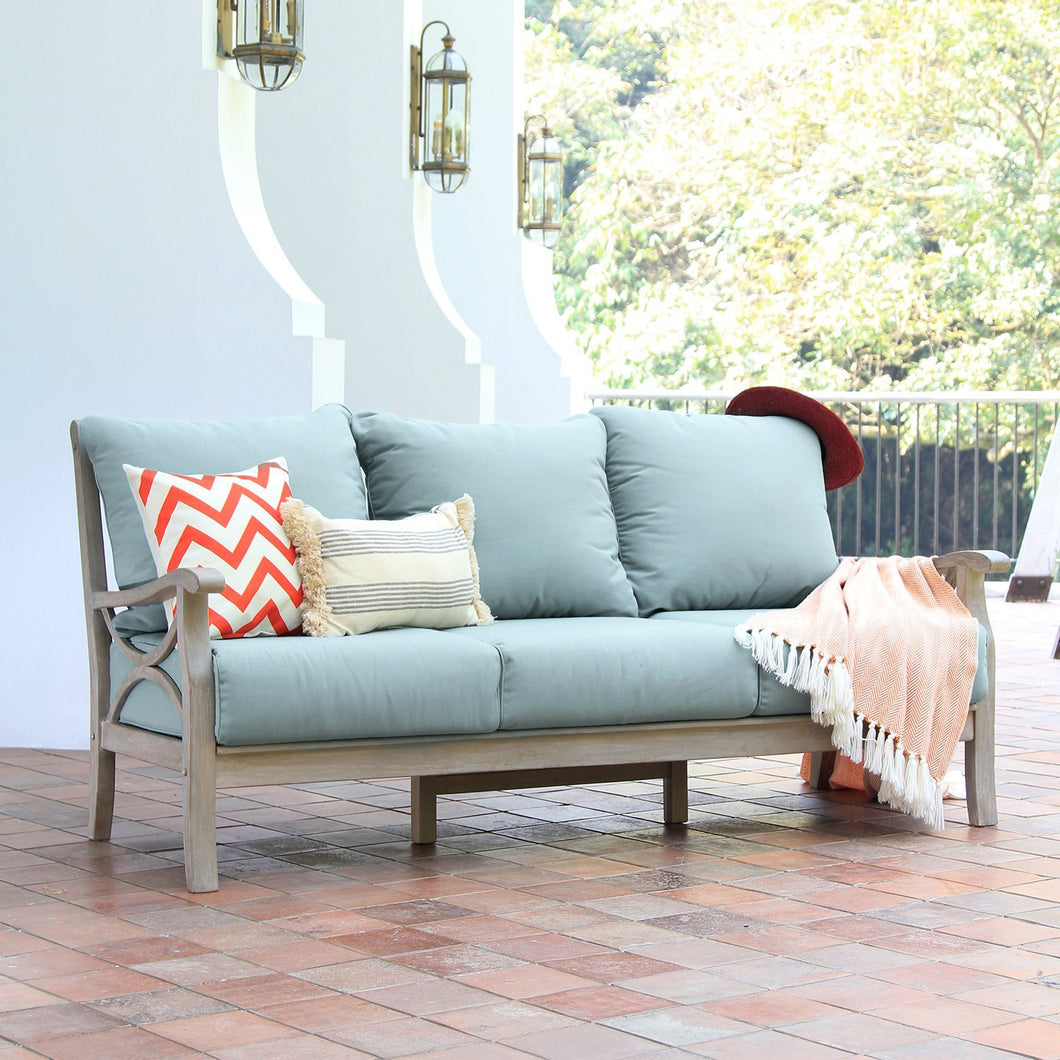 Abbington Weathered Teak Wood Patio Sofa with Blue Spruce Cushion - Cambridge Casual