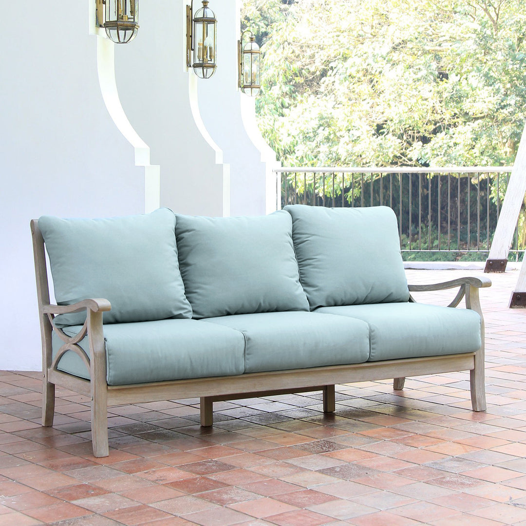 Abbington Weathered Teak Wood Patio Sofa with Blue Spruce Cushion - Cambridge Casual [DETAILS]