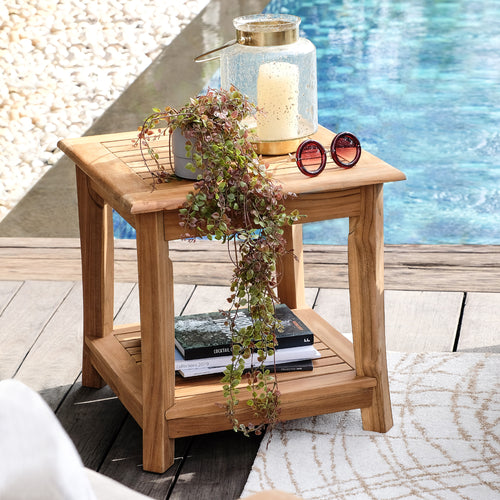 [DETAILS] Mosko Teak Wood Outdoor Side Table with Shelf - Cambridge Casual