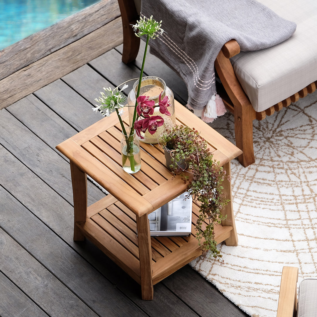 [DETAILS]  Mosko Teak Wood Outdoor Side Table with Shelf - Cambridge Casual