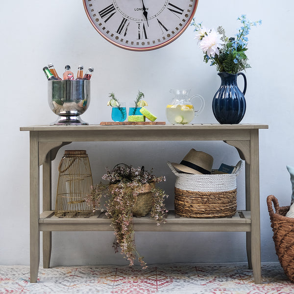 [DETAILS] Caterina Weathered Teak Wood Outdoor Console Table - Cambridge Casual