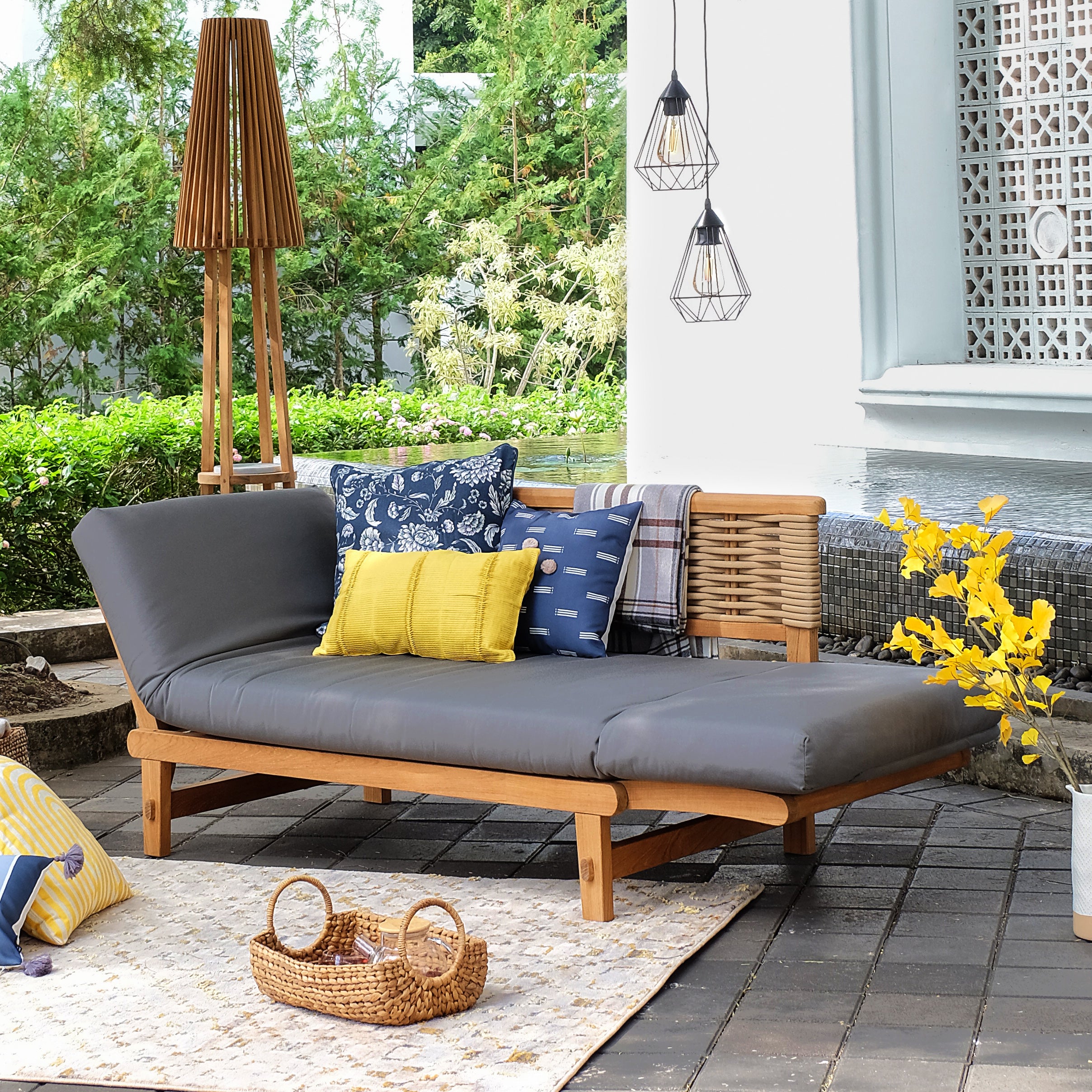 Auburn Teak Wicker Outdoor Convertible Sofa Daybed with Sunbrella Charcoal Cushion - Cambridge Casual