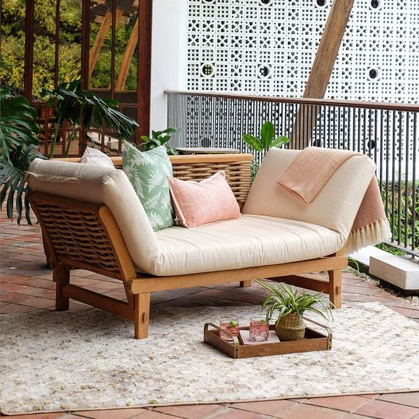 Auburn Teak Wicker Outdoor Convertible Sofa Daybed with Sunbrella Vellum Cushion - Cambridge Casual