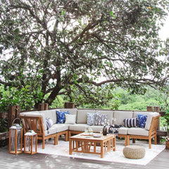 Abbington Teak Wood 8 Piece Patio Sectional Set with Beige Cushion