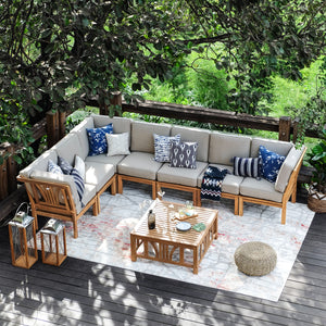 Abbington Teak Wood 8 Piece Patio Sectional Set with Beige Cushion - Cambridge Casual