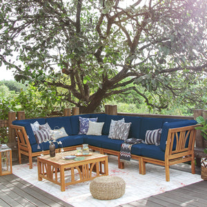 Abbington Teak Wood 8 Piece Patio Sectional Set with Navy Cushion - Cambridge Casual