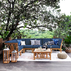 Abbington Teak Wood 8 Piece Patio Sectional Set with Navy Cushion