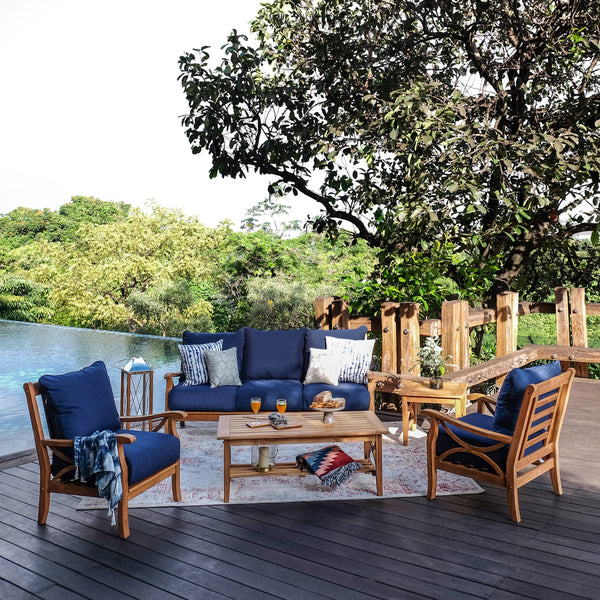 Abbington Teak Wood 5 Piece Patio Conversation Set with Navy Cushion - Cambridge Casual [DETAILS]