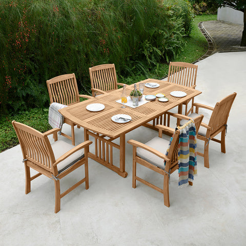 [DETAILS] Rowlette Teak Wood 7 Piece Outdoor Extendable Table Dining Set with Beige Cushion - Cambridge Casual