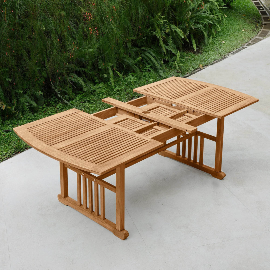 7 piece patio dining set with umbrella hole Caterina Teak Wood 7-Piece Outdoor Extendable Dining Set