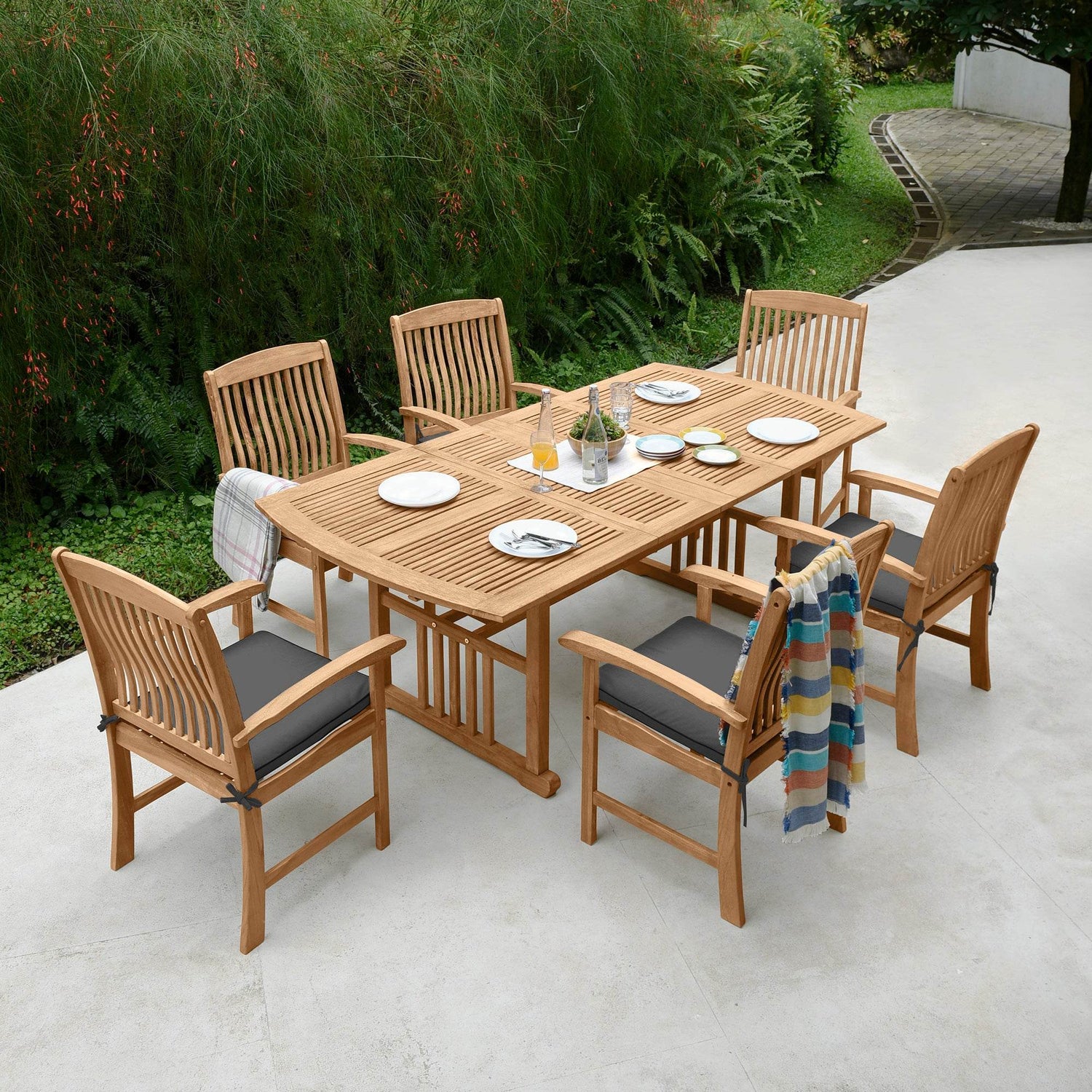 Rowlette Teak Wood 7-Piece Outdoor Extendable Dining Set