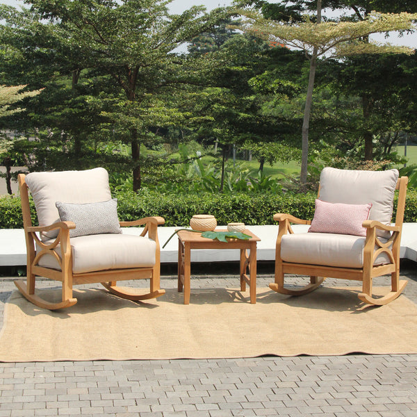 Abbington Teak Wood 3 Piece Patio Rocker Conversation Set with Beige Cushion - Cambridge Casual