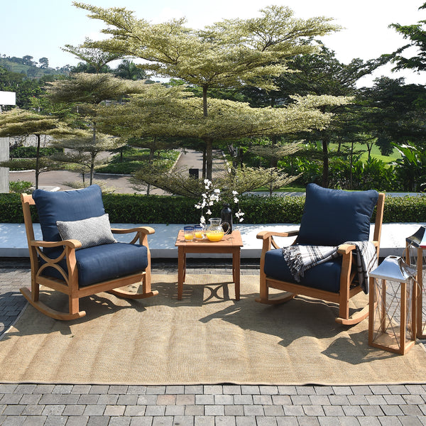 Abbington Teak Wood 3 Piece Patio Rocker Conversation Set with Navy Cushion - Cambridge Casual