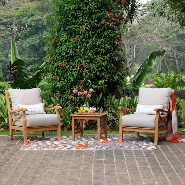 Abbington Teak Wood 3 Piece Patio Conversation Set with Beige Cushion - Cambridge Casual