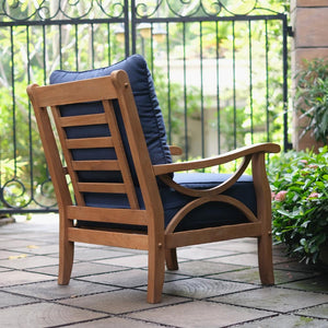 Abbington Teak Wood 3 Piece Patio Conversation Set with Navy Cushion - Cambridge Casual