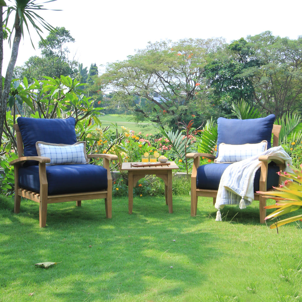 [DETAILS] Caterina Teak Wood 3 Piece Patio Conversation Set with Navy Cushion - Cambridge Casual