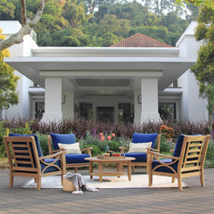 Abbington Teak Wood 5 Piece Outdoor Seating Set with Navy Cushion