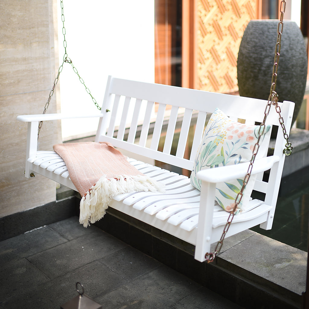 [DETAILS] Moni Mahogany Wood White Porch Swing - Cambridge Casual