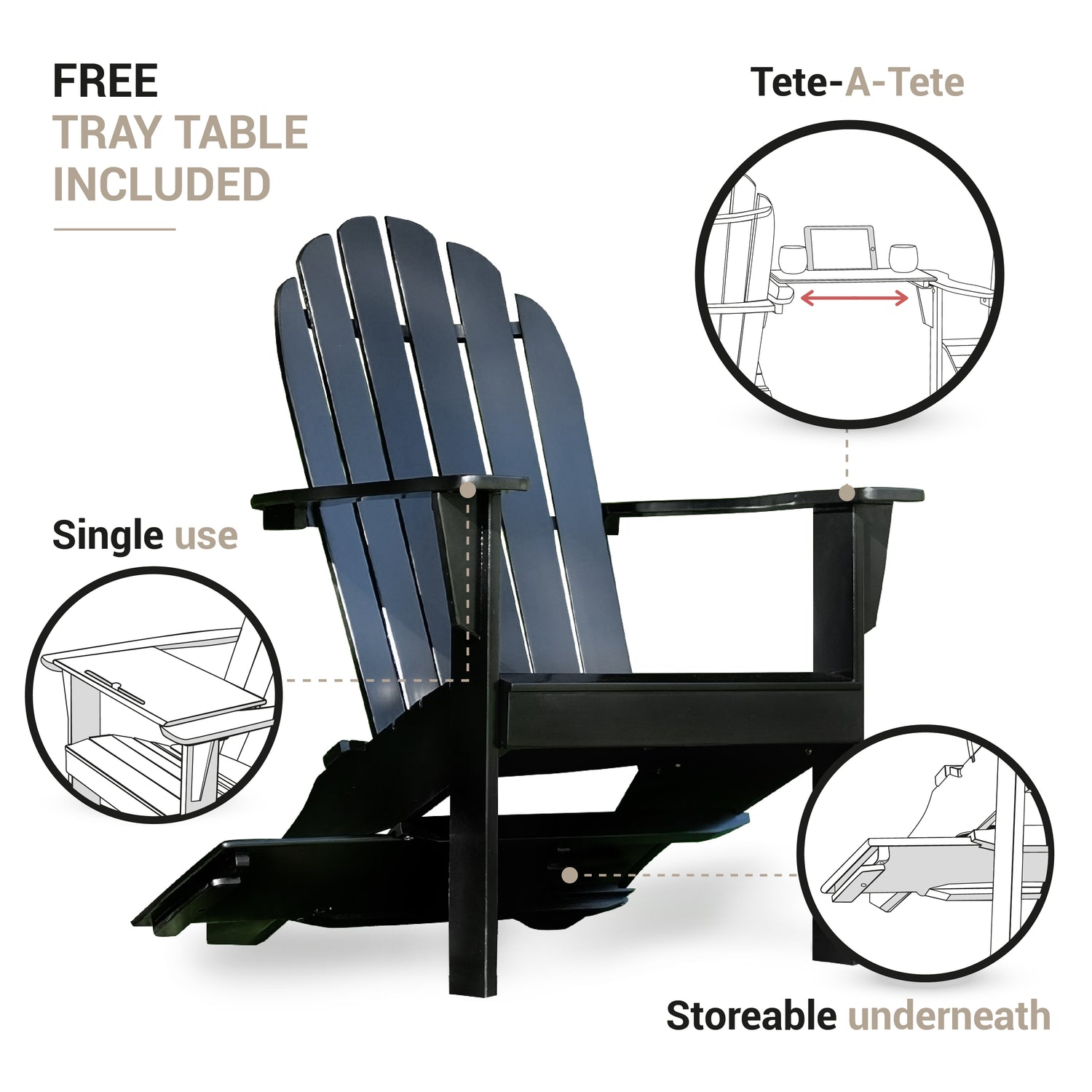 Moni Mahogany Wood Black Adirondack Chair FREE Tray Table